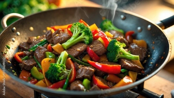 Fototapeta Wok stir fry with beef and vegetables in an Asian style
