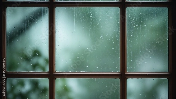 Fototapeta A rain-drenched window mirroring the outside, representing tranquility and the ambiance of a rainy day.