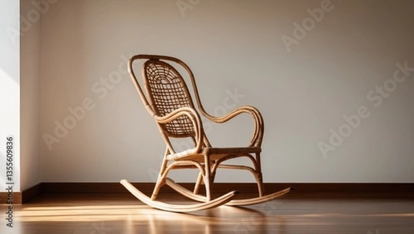 Fototapeta An antique vintage rocking chair crafted from bamboo or rattan in boho style positioned against a white wall.