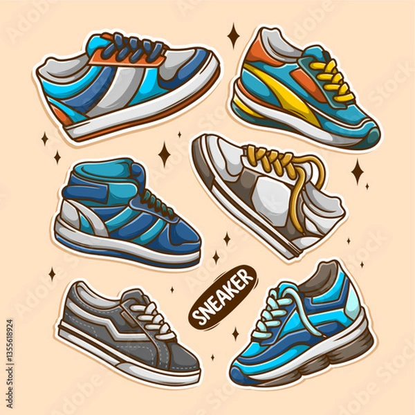 Obraz Doodle sneaker shoes hand draw style cartoon collection set