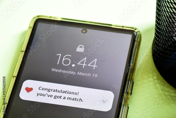 Fototapeta Close-up of Mobile notification about online dating app match. Congratulations you've got a match. 