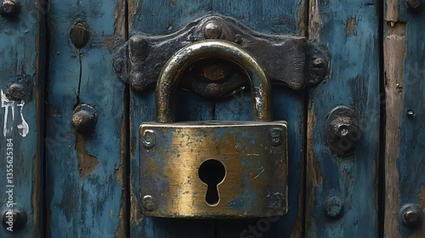 Fototapeta Close-up of an old brass padlock on the door, symbolizing security and protection against a gamification-themed background. 