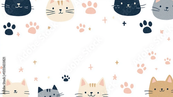 Fototapeta Cute Cat Illustration: A delightful collection of illustrated cats and paw prints decorate, create a whimsical and charming design with a playful aesthetic.
