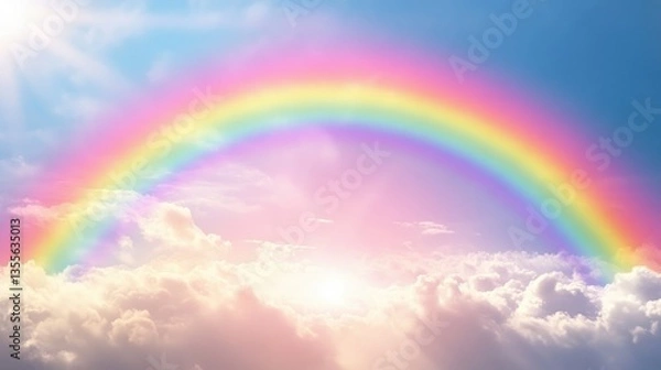 Obraz A surreal sky with an oversized vibrant rainbow arching through soft clouds