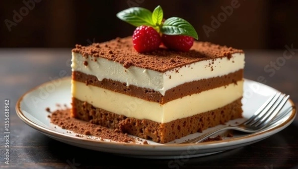 Fototapeta Rich, decadent tiramisu; cocoa dusted top, visible layers , delicious, sweet, chocolate powder