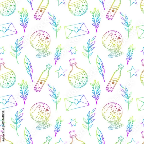 Obraz Halloween seamless pattern with magic astrology accessories. Hand drawn sketch style. White background.
