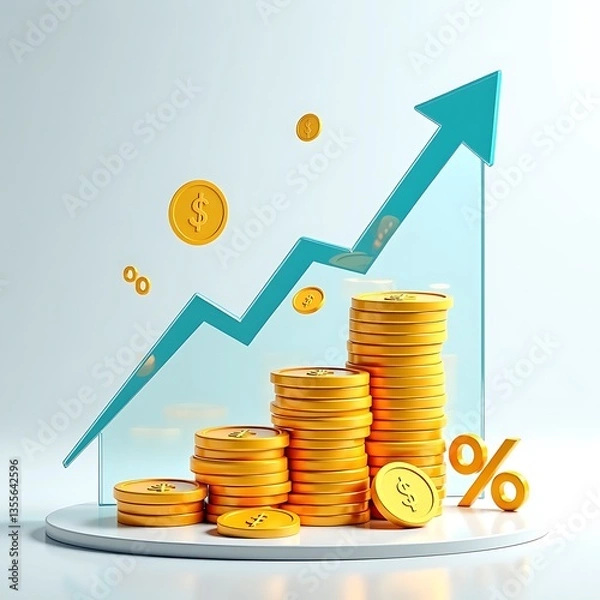 Fototapeta A financial success illustration with gold coins, a transparent ascending arrow, and a percentage icon, symbolizing banking, economic trends, and business profits in a futuristic style.