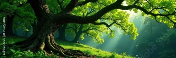 Fototapeta Twisted branches stretch from isolated tree trunk, greenery, forest