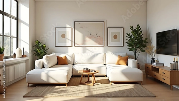 Fototapeta Modern and Inviting Living Room Interior with Modular White Sofa, Wooden Furniture, Artistic Decor, and Cozy Personal Touches
