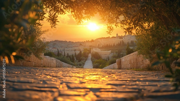Fototapeta Jerusalem Old City At Sunset With Golden Sky View From Stone Pathway and Trees