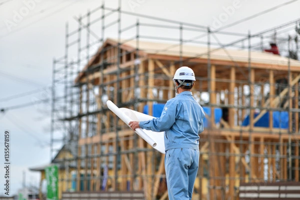 Obraz 住宅建築工事を点検する現場監督
