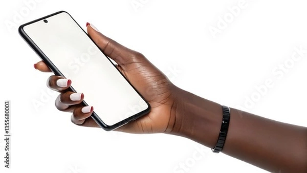 Fototapeta A dark-skinned woman's hand holds a modern smartphone with a blank white screen, isolated against a pure white background.