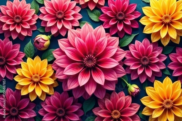 Fototapeta Intricate dahlia blooms, vibrant colors, repeating pattern, illustration, graphic
