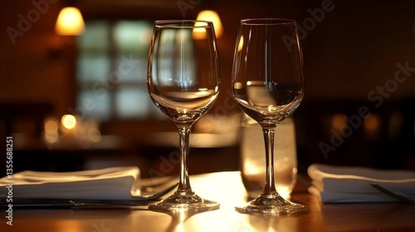 Obraz Two empty wine glasses sit on a romantic restaurant table set for a dinner date with candles and warm lighting.