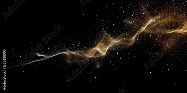 Fototapeta Golden Glitter Dust Stream on Black Flowing, shimmering particles create a captivating visual in a dark, elegant atmosphere