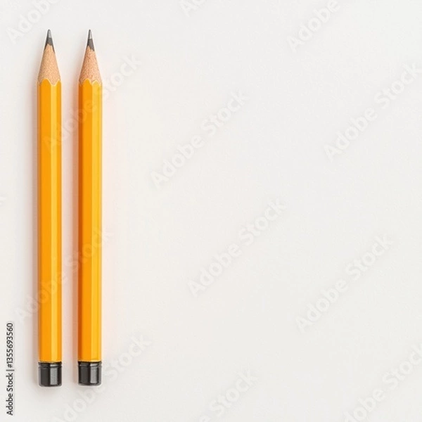 Fototapeta Two yellow pencils placed parallel on a clean, light background, highlighting their sharp tips and classic design.