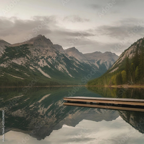 Obraz Scenic mountain lake with clear water and reflection surrounded by snow-capped peaks, green forests, and cloudy skies in a beautiful alpine landscape