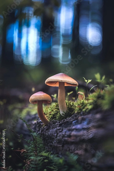 Obraz Mushrooms growing in a forest with moss and grass during autumn season