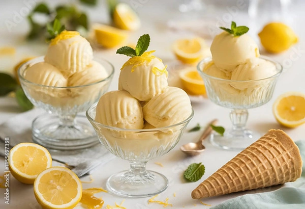 Obraz A delicious ice cream dessert with fresh fruits on a plate with coffee and pastries on a table