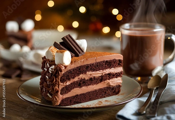 Obraz Delicious slice of chocolate cake with cream on a plate, perfect for dessert, isolated with a cup of coffee, ideal for a birthday treat or snack