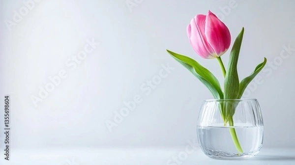 Obraz Single Pink Tulip in Glass Vase on Light Background
