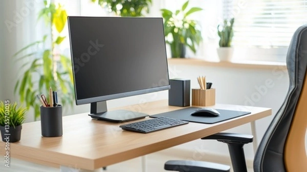 Fototapeta A modern workspace featuring a sleek desk, computer monitor, keyboard, mouse, and decorative plants for a fresh, productive environment.