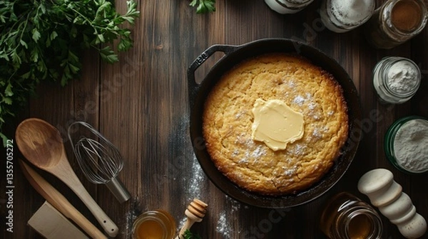 Obraz Warm Homemade Cornbread in Cast Iron Skillet with Honey and Butter