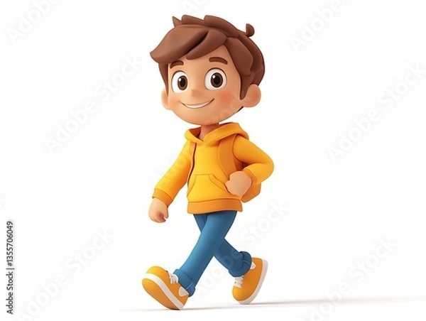 Fototapeta Cheerful cartoon boy walking in urban environment dynamic animation style