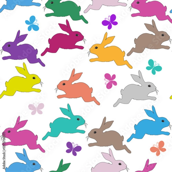 Fototapeta Vector seamless pattern with hand drawn colorful Easter bunnies and butterflies on transparent background. For textile, wallpaper and packaging