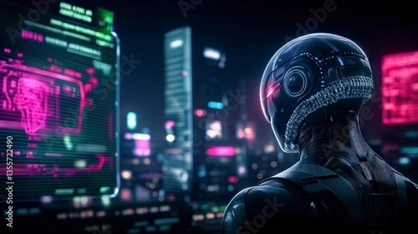 Fototapeta Futuristic Cyborg in Neon Cityscape  AI  Technology  Cyberpunk  Sci Fi