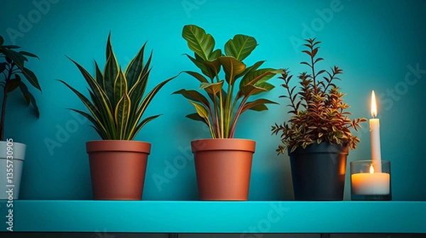 Obraz Potted plants sit in a row against a blue wall, lit by sunlight.