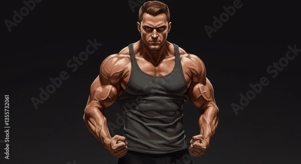 Obraz Muscular Man Posing in Tank Top, Strong Physique
