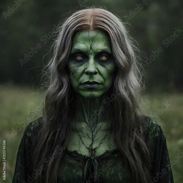 Fototapeta Mystic Essence, A portrait of an enigmatic humanoid figure with a verdant skin tone, set against a backdrop of ethereal ambiance. The character's eyes suggest a haunting depth.
