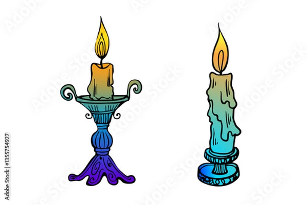 Obraz Astrology accessories. Magic candles. Hand drawn design elements. Line art. Vector illustration. Isolated on white background