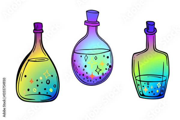 Obraz Three old magic bottles. Hand drawing sketch. Art line. Colorful Vector illustration. Retro style. Isolated on white background.