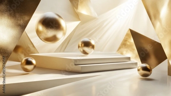 Fototapeta Elegant exhibition pedestal, crystalline gold geometric forms, floating metallic spheres, diffused lighting, premium merchandise display, abstract angular design, soft focus atmosphere, professional
