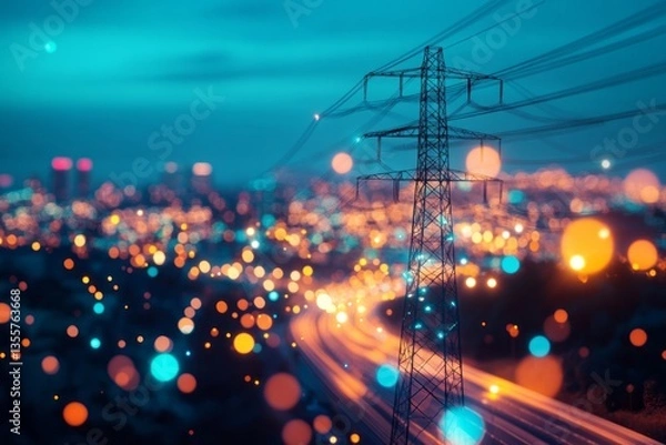 Fototapeta Power lines stand tall above a blurred city at night