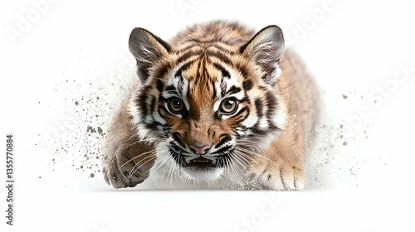 Obraz Tiger Cub Leaping Forward on White Background