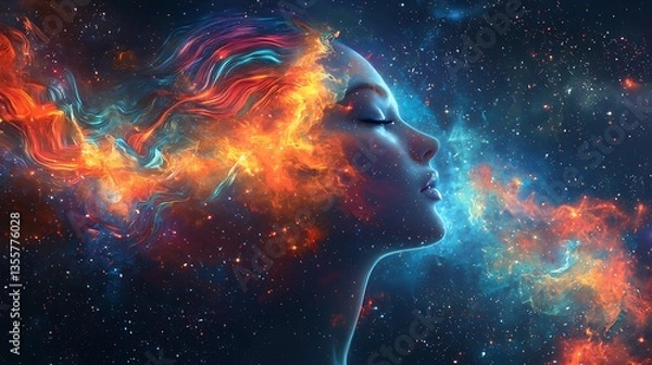 Fototapeta Woman's face engulfed in cosmic fire and nebula.