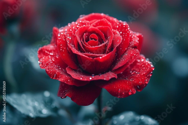 Fototapeta Close-Up of Red Rose with Dew Drops on Petals