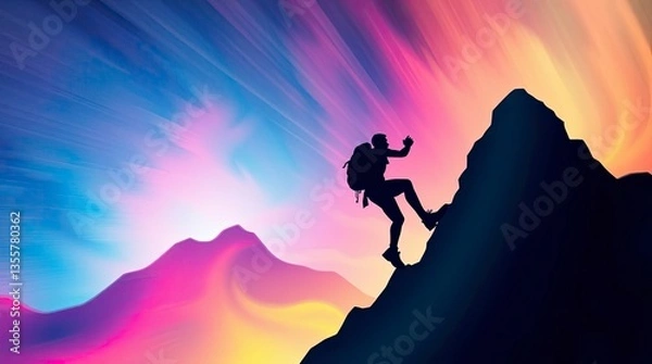 Obraz A dynamic silhouette of a person climbing a mountain, digital illustration