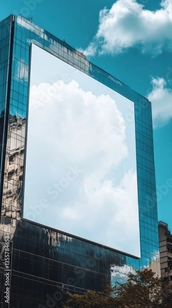 Fototapeta Blank Billboard on Modern Glass Skyscraper Building Against Blue Sky and Fluffy Clouds