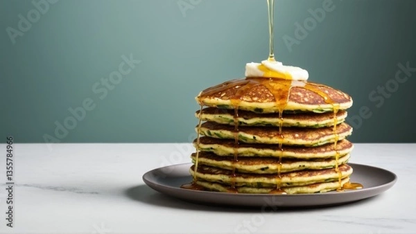 Fototapeta Stack of Zucchini Pancakes with Maple Syrup and Butter: Delicious, Healthy and Easy Breakfast Recipe for Weekends or Brunch.