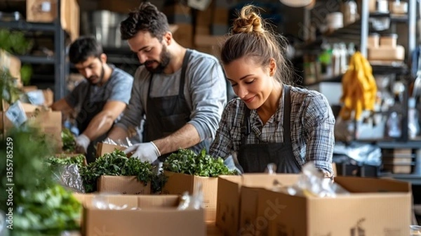 Fototapeta Workers packing fresh produce into boxes for delivery.