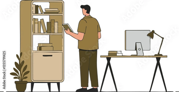 Fototapeta Civil servant organizing documents in a modern office setting with bookshelf and desktop.