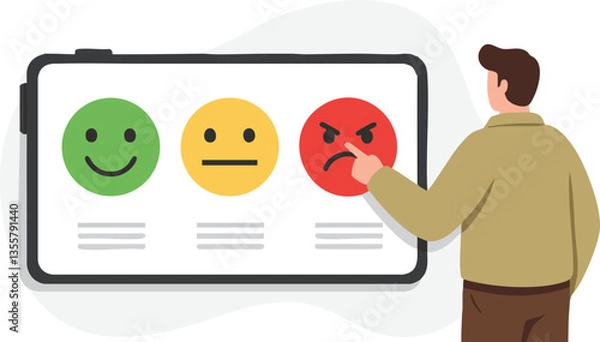 Fototapeta Man explaining rating system with emoji faces on a presentation board.