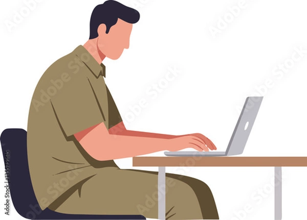Fototapeta Government employee working seriously on a laptop in office environment.