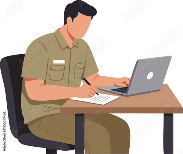 Fototapeta Employee typing report or document using a laptop on a wooden desk.