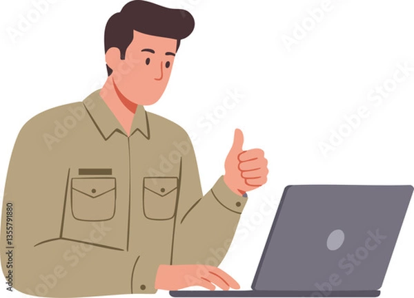 Fototapeta Civil servant giving thumbs up while working on laptop.
