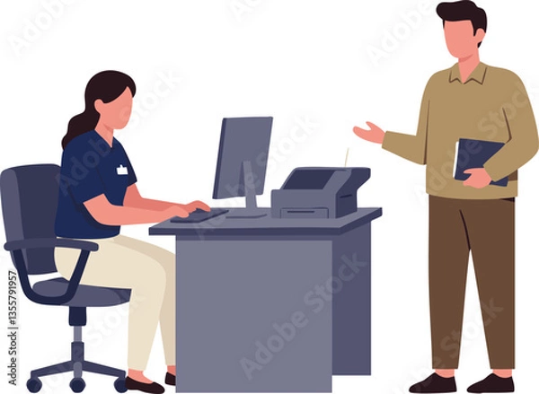 Fototapeta Office interaction between civil servant and colleague at a workstation.